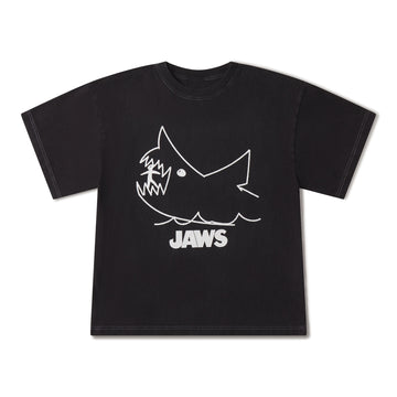 Black t-shirt with white shark graphic and 'JAWS' text on a white background